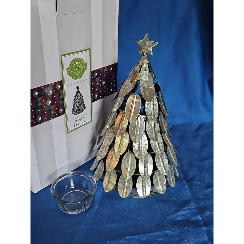 Scentsy Christmas Tree All Aglow Small Gray Metal Tree Wax Warmer Farmhouse Chic